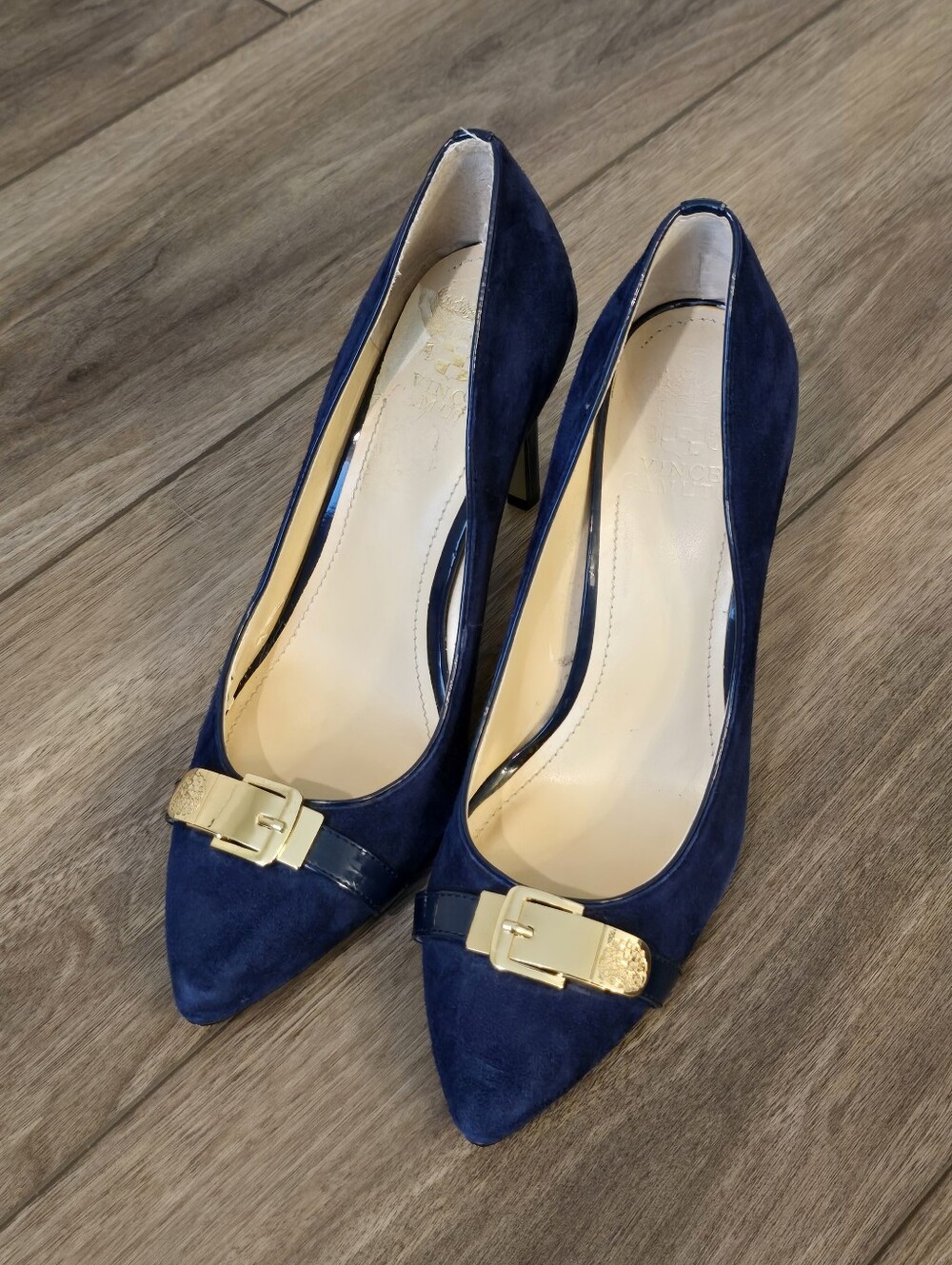 Women's Vince Camuto Navy Suede Pointed-Toe Heels with Gold Accent